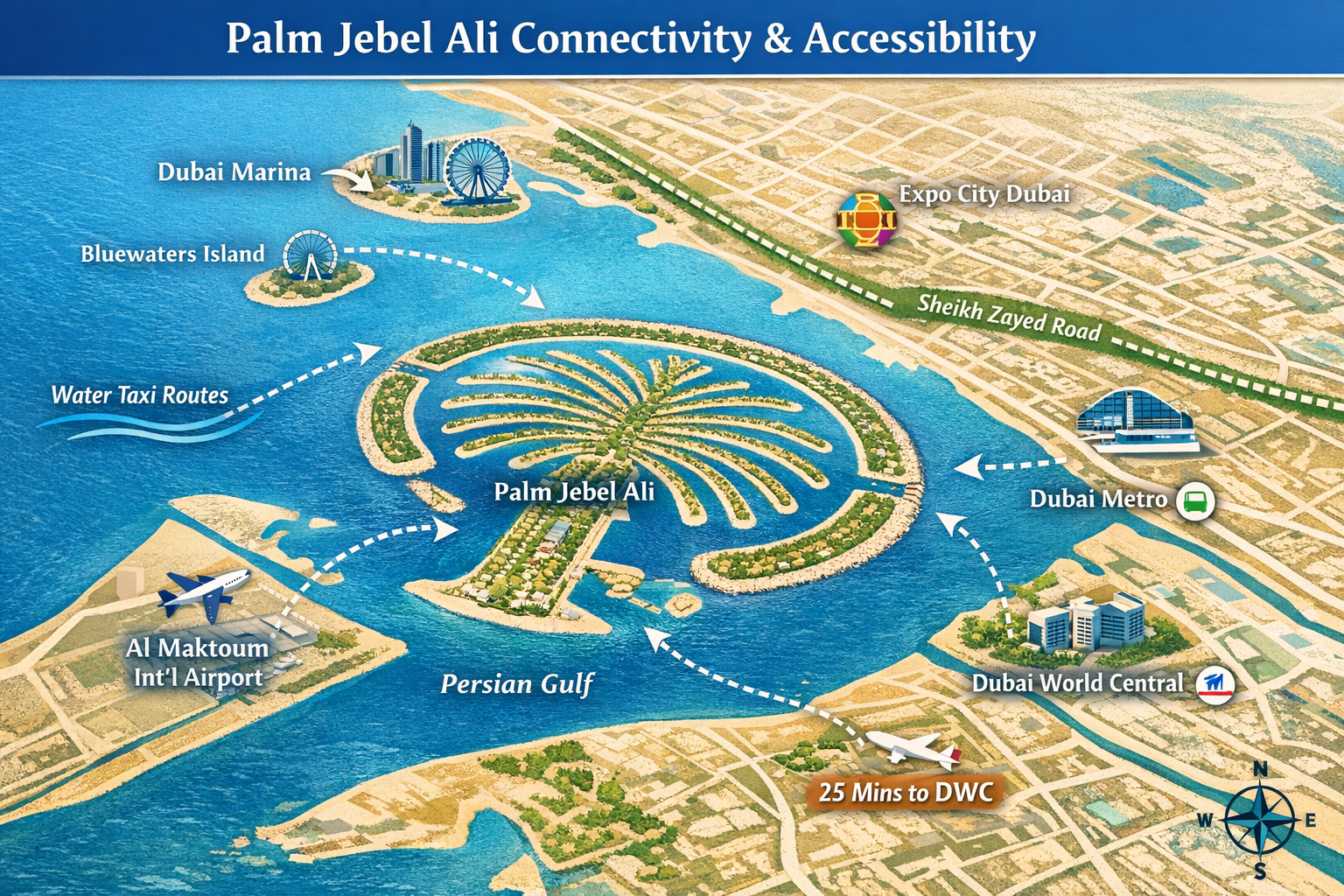 Palm Jebel Ali Connectivity Map and Accessibility