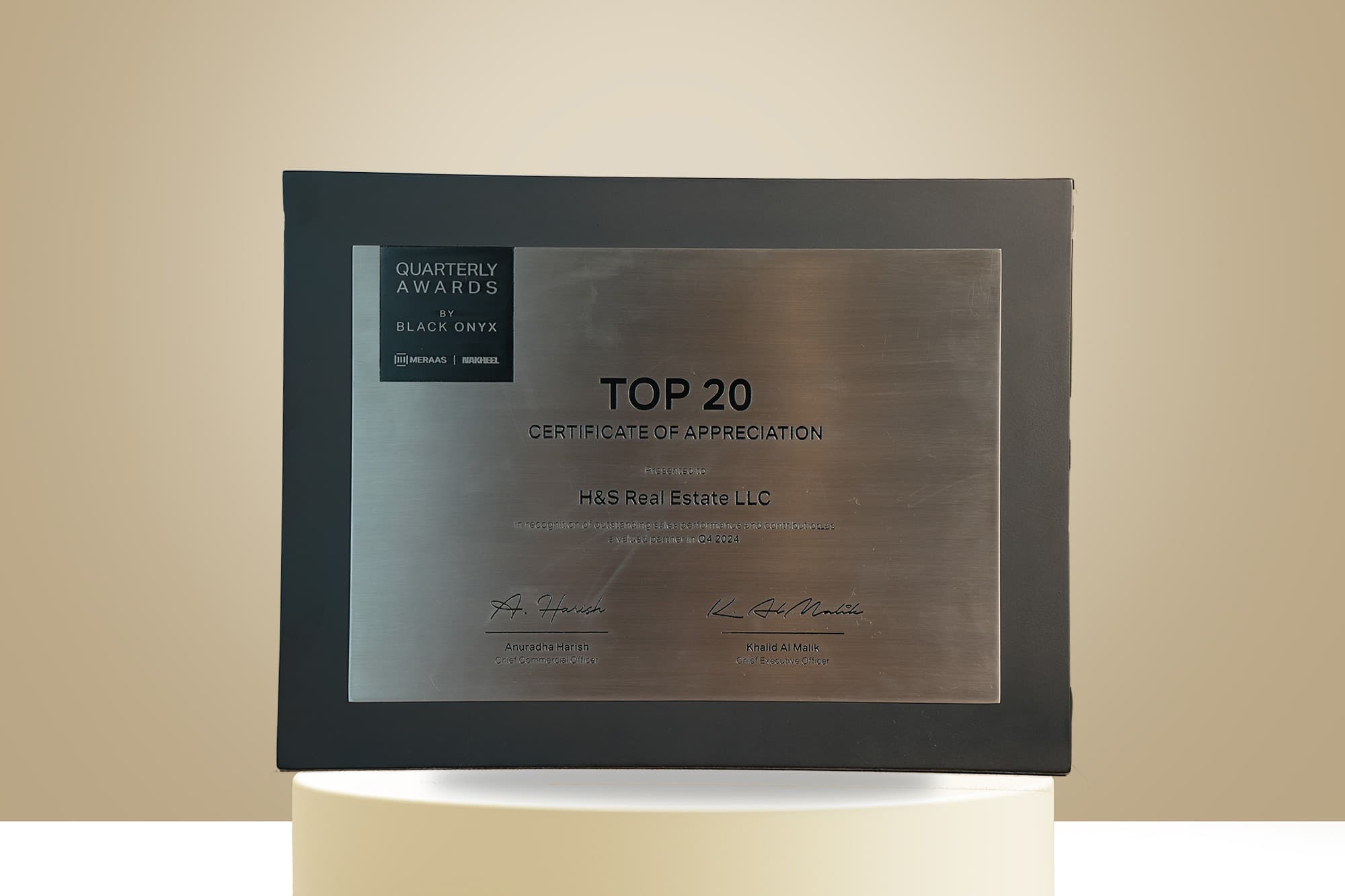 Quarterly Awards Top 20 Certificate — MERAAS, 2024