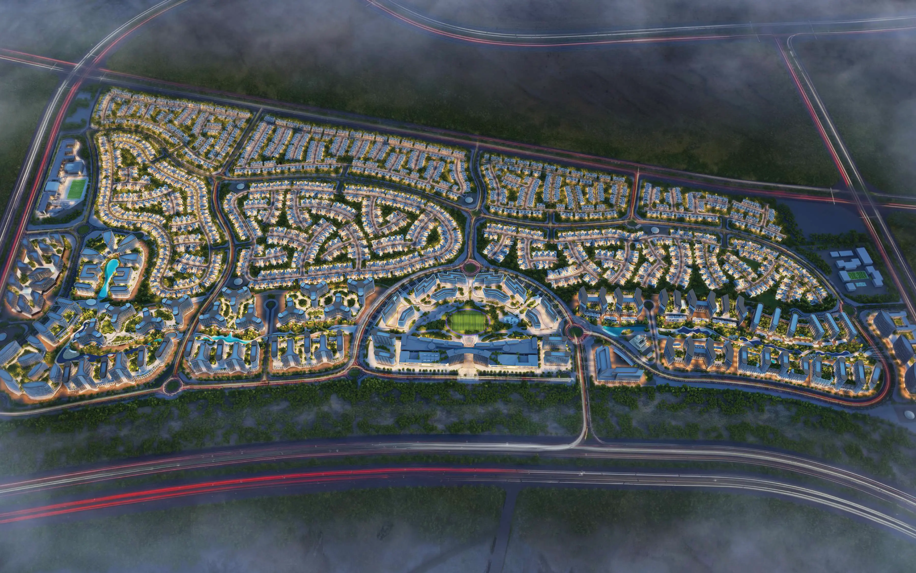 Sobha Sanctuary Dubai aerial view showing lagoons and villa clusters
